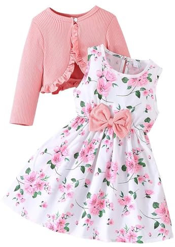 Vestito da bambina a maniche lunghe, linea ad A, floreale, casual, da festa, con cardigan, per bambini dai 4 ai 13 anni, rosa, 8-9 Anni