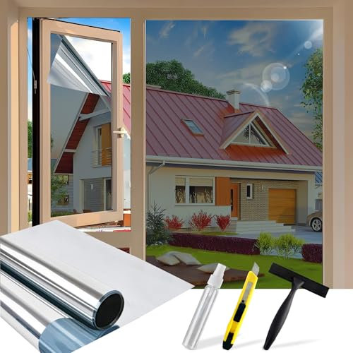 Cycbiki (2025 Premium Fensterfolie Sonnenschutz) UV400 Schutz Spiegelfolie Fenster Sichtschutz 100 * 120cm reflektierende Selbsthaftend Rückstandslose Sonnenschutzfolie Fenster innen&außen, Silber