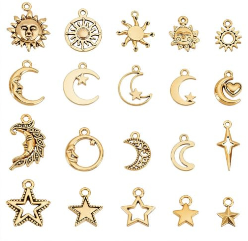 UNICRAFTALE 80Stk Sonne Mond Stern Bastelanhänger für Schmuckherstellung | 20Stile,Antikgold,Legierung,Verformungsfest,8-16mm Breit,11-26mm Lang,Bohrung1-2,5mm,4Stk pro Stil,Für Ohrringe Armbänder