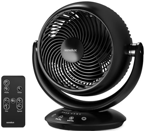 Senelux Air Circulator Fan, 8 Inch Blades / 10 Inch Grille, Quiet Table Fan with Remote, 3D 90°+90° Oscillation, 3 Speeds, 2–12H Timer, 25 dB Silent Cooling, 35W Low Energy Fan for Home, Office
