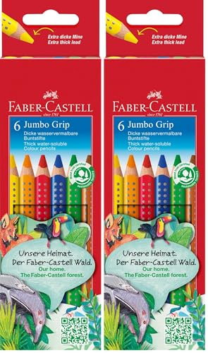 Faber-Castell 110906 - Jumbo Buntstifte Set Grip, 6-teilig, dreikant, bruchsicher, für Kinder und Erwachsene (Packung mit 2)