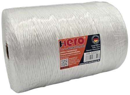 Hero Paketschnur 2000m Gartenschnur Juteschnur Bindegarn Bindfaden Packschnur Pflanzschnur Bindeschnur Pressengarn Bastelschnur Dekokordel Erntegarn PP Polypropylen Kordel Jute Schnur Garn Seil Weiß
