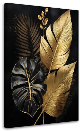 Feeby Bild auf Leinwand - Wandbilder Wohnzimmer Aesthetic - Monstera-Palmenblätter in Gold - 60x90 1tlg - Schlafzimmer Wandekoration - Bilder Zimmer - Living Room - Deko Wandbilder - Moderne Bild