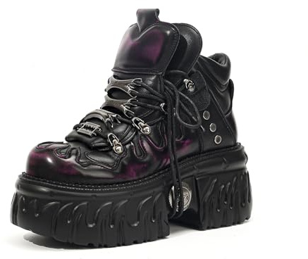 Songella Stivali con Plateau Gotici da Donna, Scarpe Stile Punk Rock Heavy Metal Stivaletti Stringati Chunky con Design a Fiamma e Dettagli in Metallo Nero Rosa, 39.5 EU