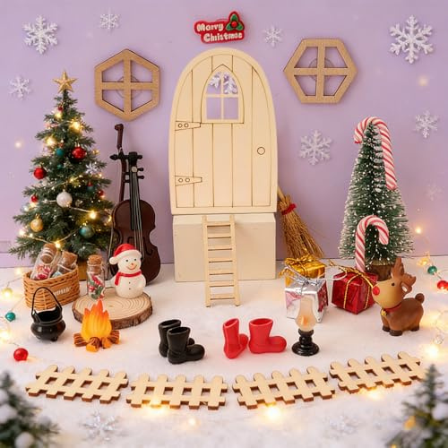 DAJASD 36 Stück Wichteltür Set, Wichtel Zubehör Weihnachten, Wichteltür Komplettset mit Zubehör Stiefel Briefkasten Weihnachtsbaum Wichtelbesen Leiter DIY Weihnachten Geschenk für Kinder