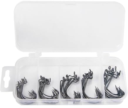Ruarby Angelhaken mit Widerhaken, Wurm, Hartstahl, mit Box, Zubehör, Offset-Wurm, 50 Stück