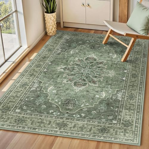 INOVADAY Rugs Living Room 90x150 cm Washable Rug Green/Grey | Living Room Rug, Rugs for Bedroom, Vintage, Boho, Oriental, Lounge, Dining Room, Home Office, Low Pile, Non Slip, OEKO, Print