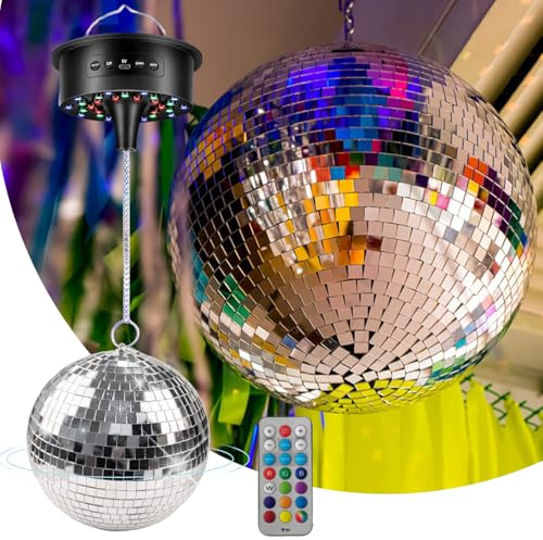 Discokugel mit Motor und Licht, 20 cm Spiegelkugel mit Rotierender Motor und Fernbedienung, Disco Kugel mit 6 Farbmodi und 30 LED-Perlen, Discokugel Deko für Clubs, Bars Discos und Events