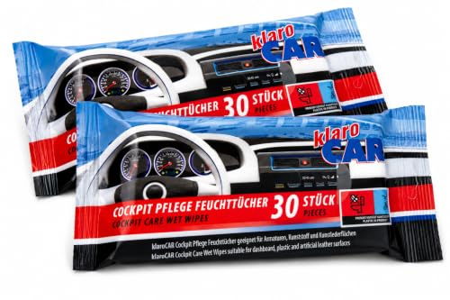 klaroCAR | 2er Pack Cockpit Pflege Feuchttücher | 60 Stück | für Armaturen, Kunststoff und Kunstleder | Für eine schonende, schnelle und gründliche Reinigung des Auto - Innenraums