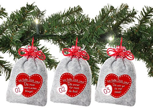 Adventino 24 Adventskalender Säckchen aus Filz mit 24 Gründen ICH Liebe Dich Weil ... inkl. Girlande (für Erwachsene Männer und Frauen) für Weihnachtskalender/Adventskalender zum Befüllen