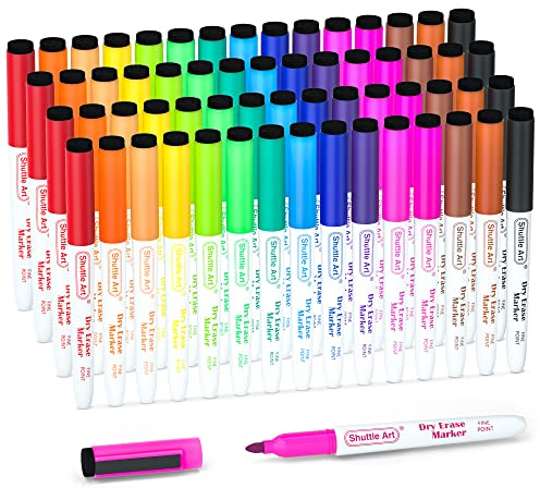 Shuttle Art Whiteboard Stifte, 60 Magnet-Whiteboard-Marker in 15 Farben mit feiner Spitze und Radiergummi, abwischbar, große Menge, auf Whiteboards, magnetischen Schreibtafeln
