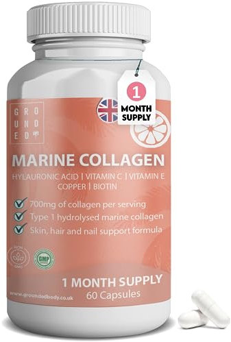 Hydrolysed Marine Collagen Complex | 60 Tablets | Hyaluronic Acid, Vitamin C, Vitamin E, Copper & Biotin | Super Strength Type 1 Collagen Supplement for Skin, Hair, Nails, Bones & Joints | Grounded UK