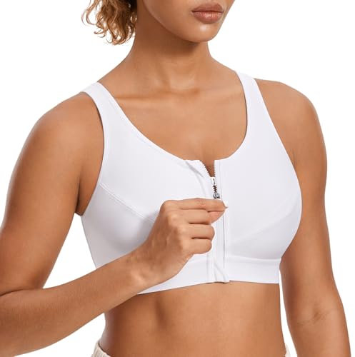 SYROKAN Women's Sports Bra High Impact Front Fastening Zipper Wireless Post Surgery Support Workout Bra White 38F