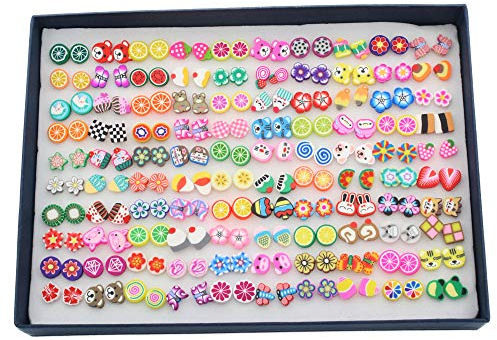 POFET 100 Paar Ohrstecker mit rechteckiger Geschenk-Box, exquisite Früchte, große weiche Ton-Ohrringe, mehrere Größen und Muster PAB12253