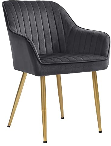 SONGMICS Esszimmerstuhl, Küchenstuhl, Sessel, Samt, Polsterstuhl mit Armlehnen, Loungesessel, bis 120 kg belastbar, Metallbeine, für Esszimmer, Küche, grau-goldfarben LDC077G01
