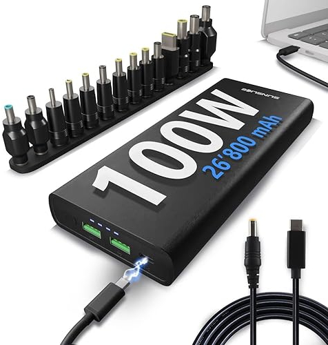 Batterie Externe Gravity 100 Sunslice 26800 mAh, USB-C Power Delivery 100W, Set de 12 Adaptateurs Universels, Recharge Rapide pour Smartphones, Laptops, Tablettes