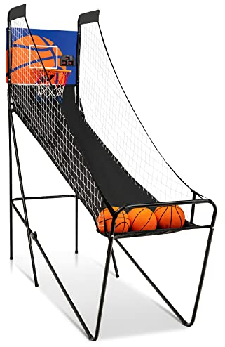 GYMAX Indoor Basketball Arcade Game, Foldable Basketball Game set with 3 Basketballs, Electronic Scorer and Pump, Basketball Hoop Game for Kids Adult
