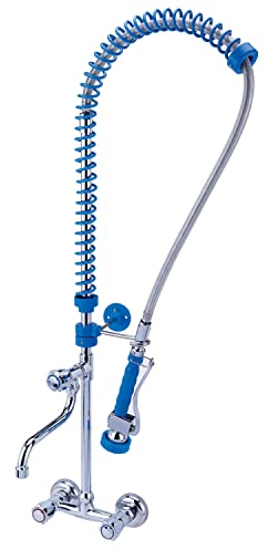 BE-GASTRO® I Profi Gastro Geschirrbrause Zweiloch Premium Wandarmatur inkl. Wasserhahn, Mischbatterie & ergonomischem Drehgriff | Gastrobrause mit Zubehör, Gastronomie Armatur, Wandanschluss blau