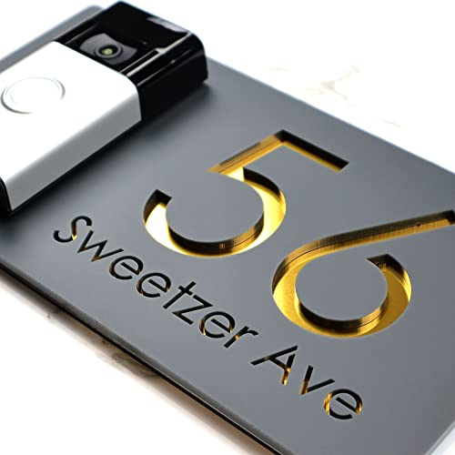 K Smart Sign | Bellissima Video Doorbell house sign for Nest Ring Wifi door bell | Dark Gray - Gold Chrome Mirror | Contemporary | 300mm x 160mm