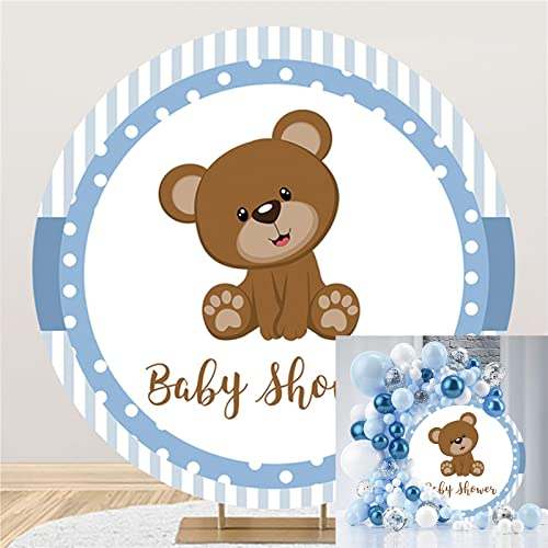 Bovlleetd 200cm Runder Hintergrund für Babyparty, niedlicher Bär, geneigter Kopf, Kreisaufnahme, Hintergrund für Neugeborene, Taufe, Dekoration, blau, weiß, gestreifter Hintergrund, Banner-Dekor