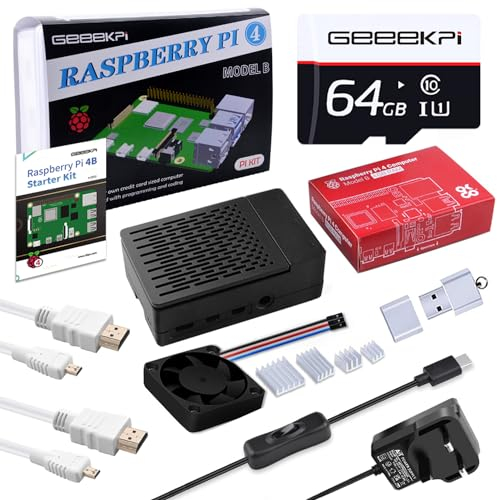 GeeekPi Starter Kit for Raspberry Pi 4 4GB, Include Pi 4 4GB RAM Board, 64GB SD Card and Card Reader, ABS Case with PWM Fan, 5V 3.6A Power Supply with ON/Off Switch, 2pcs 4K HDMI Cables