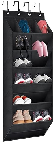 TIOYOTY Over The Door Shoe Organizer with Large Deep Pockets - Multifunction Shoe Holder for Narrow Door Hanging, Black