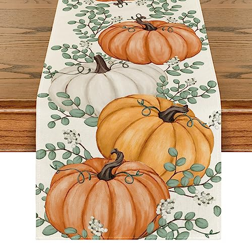 Artoid Mode Orange Kürbisse Eukalyptus Herbst Tischläufer, Saisonnal Küche Tisch Dekoration Drinnen Urlaub Party Dekor 40x240 cm