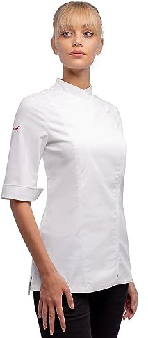 Manteau de chef pour femme à manches courtes en coton stretch uniforme de cuisine professionnel coupe ajustée noir gris blanc rose, Blanc/avec fermeture éclair, X-Small