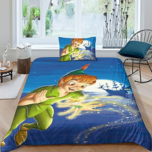 FGAITH Animation 3D Print Bettbezug Betten Set Bettwäsche Set Microfaser Peter Pan Themen Bettbezüge Mit Kissenbezug Jungen Mädchen Kinder Single（135x200cm）