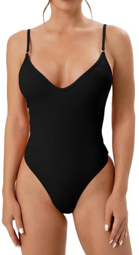 Silkglory Costume Intero Donna Curvy, Scollo a V a Costine Push Up Sexy, Vita Alta Contenitivo Pancia - Nero, M