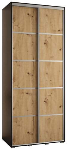 MEBLE KRYSPOL Davos 4 110 Schrank mit Zwei Schiebetüren für Schlafzimmer - Moderner Kleiderschrank mit Kleiderstange und Regalen - 235,2x110x60 cm - Schwarz Artisan Silber