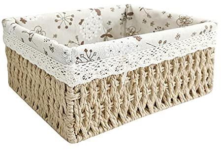 Pcscevcr Rattan Storage Basket, Wicker Baskets Bins with Removable Liners, Serving Trays Basket, for Bathroom Kitchen Home Desk Shelf Decor（Beige,S）