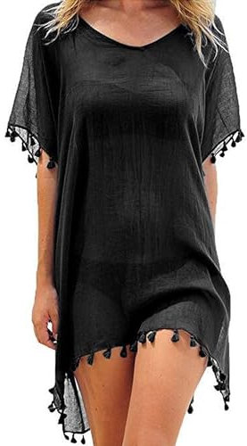 Qianderer Women Cover Ups Beachwear Crochet Hollow Out Beach Dress Summer Bikini Swimsuit Cover Up Bathing Suit (Black, One Size)