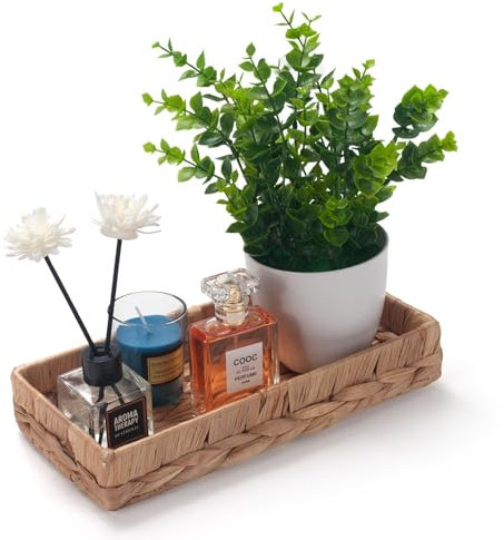 Bandeja de Baño Almacenaje Decorativas Jacinto de Agua Cesta Mimbre de Papel Higiénico Rectangular Estante de Toallas para Pasajeros Finos y Largos (Natural 26 x 12.5 x 4.5cm)