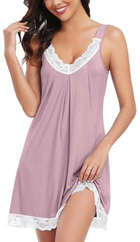 Lovasy Nuisette Sexy Femme en Dentelle Court Chemise de Nuit Babydoll Coton Grande Taille Sensuelle Bretelles Large Robe de Nuit Col en V sans Manches Rose Haricot XL