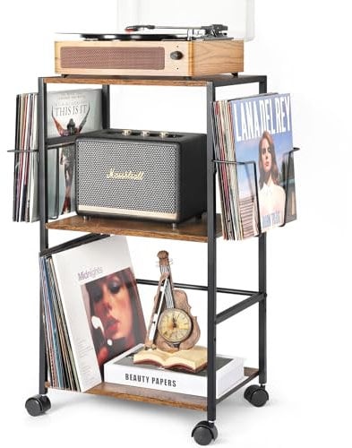Bikoney Tocadiscos Almacenamiento, Laminación Mesa Auxiliar con Grande Soporte Tocadiscos, Reproductor Vinilo de Hasta 150 álbumes, Soporte Plato Giratorio con 2 Visualización de Vinilo