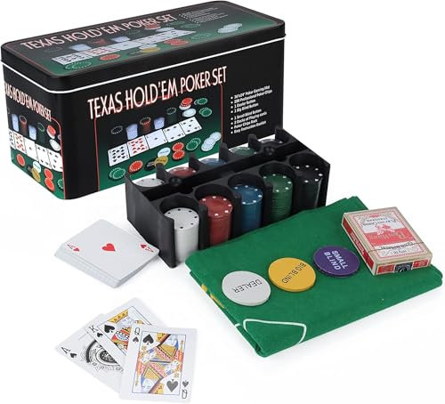 EVOKK 200-Piece Poker Set with Texas Hold'em and Blackjack Games: Includes Poker Chips, Mat, Tin Box, Casino Chips, Gambling Cards