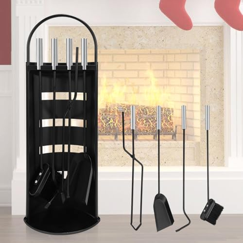 ISOISL Kaminbesteck, 5-teiliges Kaminbesteck Set, Kamingarnitur mit Besen, Schaufel, Eisenhaken, Feuerzange, Ständer, Ofenbesteck, Kaminzubehör mit Edelstahlgriffe und Leichentuch, Modern Design