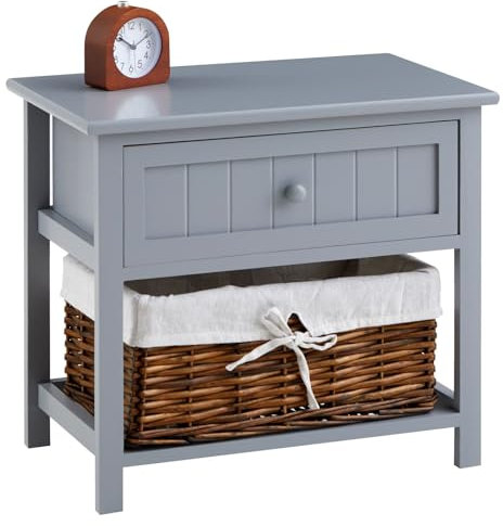 IDIMEX Nachttisch AKURE mit Weidenkorb grau - Schlafzimmer Nachtschrank mit Schublade und Korb, Beistelltisch Landhausstil, kleines Schränkchen, Nachtkommode aus Kiefernholz