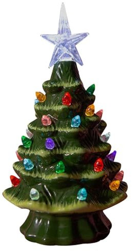 Ceramic Christmas Tree Lamp, Ceramic Light up Christmas Tree, Tabletop Christmas Tree Lights Decorations With Topper and Multicolor Bulb Lights