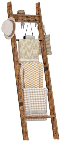 CHOEZON 5-Tier Blanket Ladder, Wooden Blanket Display Rack, Towel Ladder with Hooks, Wall Leaning Display Shelf, for Living Room, Bedroom, Balcony, Rustic Brown and Black MCJ02FG