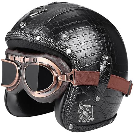 EBAYIN Motorradhelm, Halbhelm Retro Harley Lederhelm Mofa-Helm Motorradhelm 3/4-Helm Jethelm Vintage-Pilotenhelm ECE Zertifiziert Cruiser Chopper Roller mit Schutzbrille,L-XL=(61~62cm)