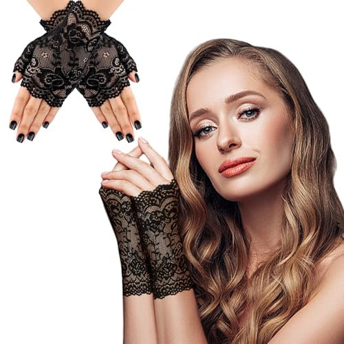WANAIR Schwarze Spitzenhandschuhe Damen, Kurze Fingerlose Spitze Handschuhe Schwarz Elegant Kostüm für Fasching Karneval Halloween Mottoparty, Opera Halbhandschuhe Braut Hochzeits Hexen Zubehör