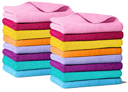 DIVINE GENIUS Happy Rainbow - Pack 16 bayetas de Microfibra reciclada Super absorbentes Lavables y Resistentes para Cocina Secado rápido sostenibles Trapos 38x36 cm