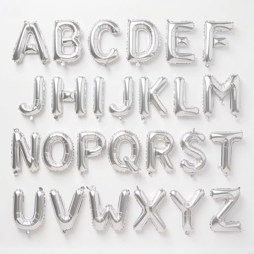Vthoviwa Jumbo Alphabet Luftballons 16 Zoll Alufolien Buchstaben ballons A-Z (26 Stück)- Buchstaben Luftballons für Geburtstag, Hochzeit, Partydeko – Silber Farbige Buchstaben – Inkl. Aufblashilfe