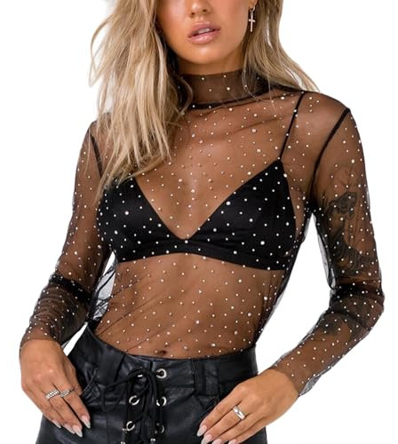 HTTDSLF Transparente Camiseta Mujer, Camiseta Transparente Mujer Top de Manga Larga, Sexy Malla Tops Elegante Slim Chic, Top Fiesta para Mujers
