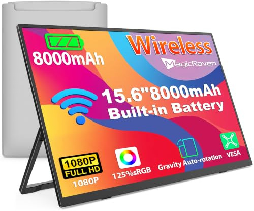 MAGICRAVEN Wireless Portable Monitor 15.6 8000mAh Battery, Laptop Screen Extender FHD 1080P IPS Portable Screen with Speakers/VESA, Second Screen for Laptop/PC/Phone/Games, Support AirPlay/Miracast