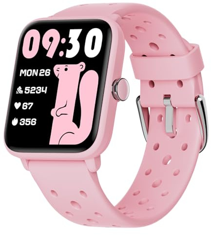 BIGGERFIVE Smartwatch Kinder Uhr ohne App und Handy, Fitness Tracker Uhr Digitale Fitnessuhr mit Schrittzähler, 5ATM Wasserdicht, Schlaf-Monitor, Vibrationsalarm, Spiele für Mädchen 5-14, Poröses Rosa