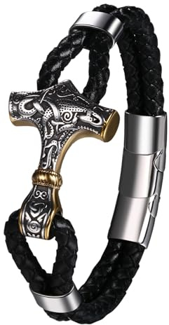 Cupimatch Wikinger Armband Herren Mjölnir: Edelstahl Thor Hammer Lederarmband Gothic PU Leder Armreif Verstellbares Nordisches Herrenarmband 21,5cm Rock Punk Armbänder Amulett Schmuck für Männer, Gold
