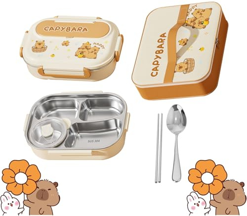 Capybara Leakproof Ben-to Box, Panda Stainless Steel Lunch Box, Microwaveable 4 Compartment Lunch Boxs with Soup Bowl, Insulation Bag, Spoon, Chopsticks, Stainless Steel Food Container Set for School